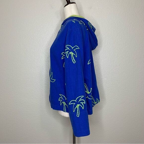 Erin London Linen Blend Vintage Blue Palm Trees Zip Up Hoodie Jacket - Picture 5 of 13